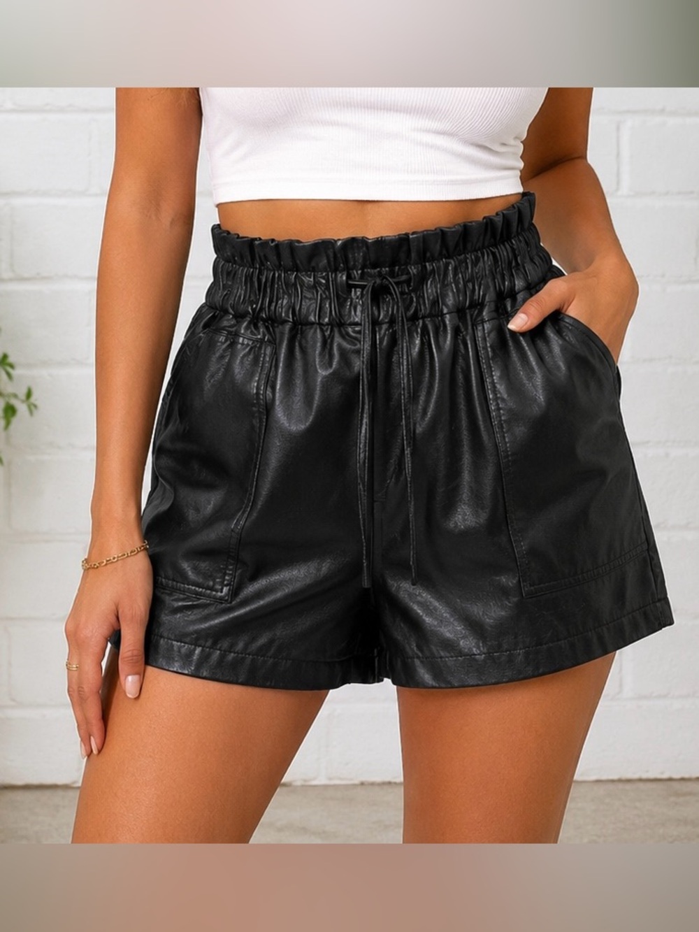Women’s High-Waist Black Faux Leather Shorts with Paperbag Waist